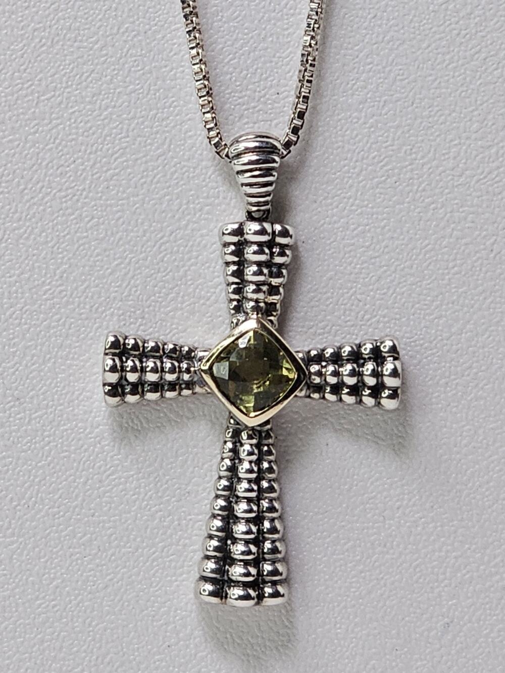 925 Sterling Silver & 14K Yellow Gold - Peridot Cross Pendant W/ 24" Box Chain